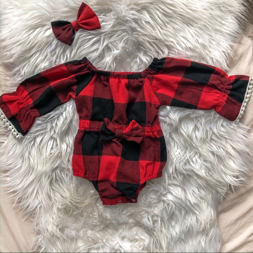 Plaid romper with matching bow